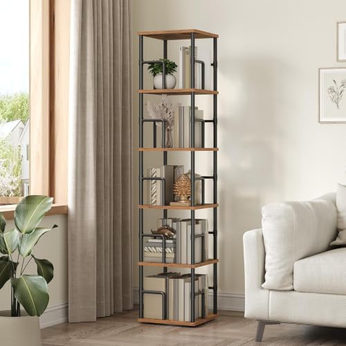 Side profile of the rustic brown spinning bookcase