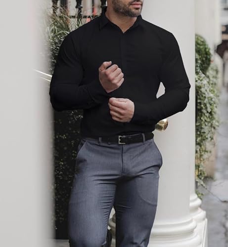 Back view of EOUOSS black stretch slim fit shirt