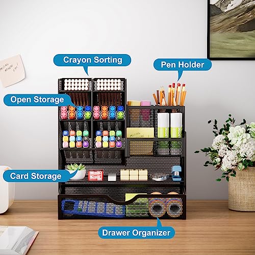 Top down view of black metal desk organizer