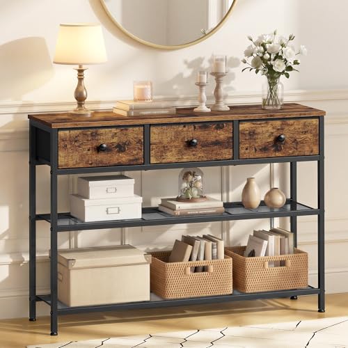 Close up of three fabric drawers on console table