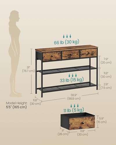 Console table showing mesh shelf storage
