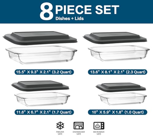 Four glass baking pans with gray lids