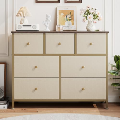 Khaki fabric dresser with wooden top