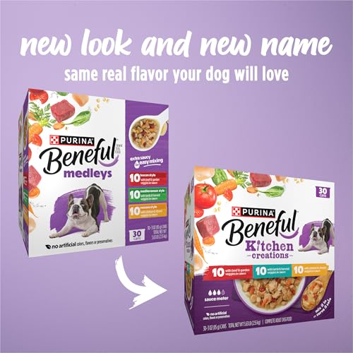 Assorted cans of Beneful Kitchen Creations wet dog food
