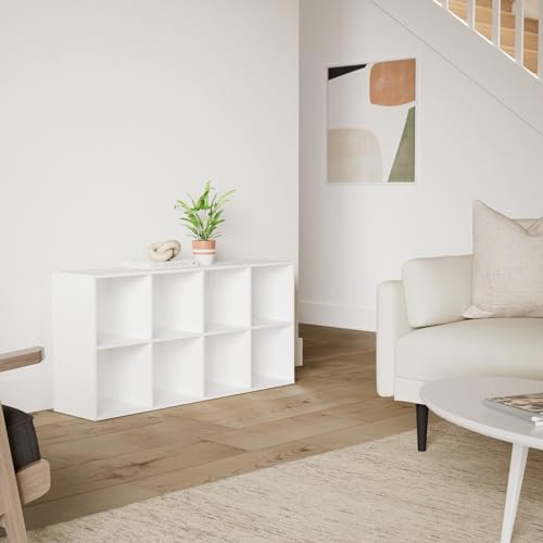 Front view of 8-cube white bookcase