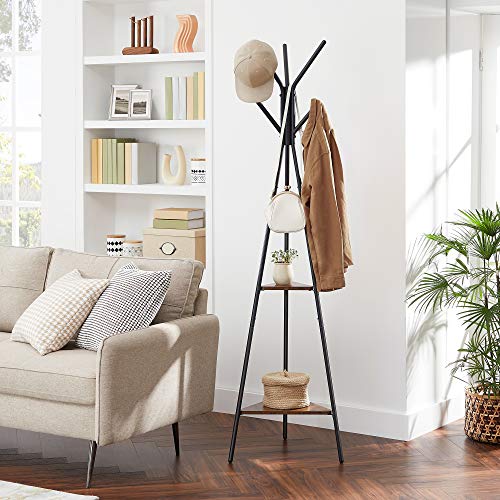 Rustic brown shelves on VASAGLE coat rack