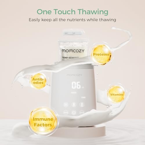 Side profile of gray and white Momcozy bottle warmer