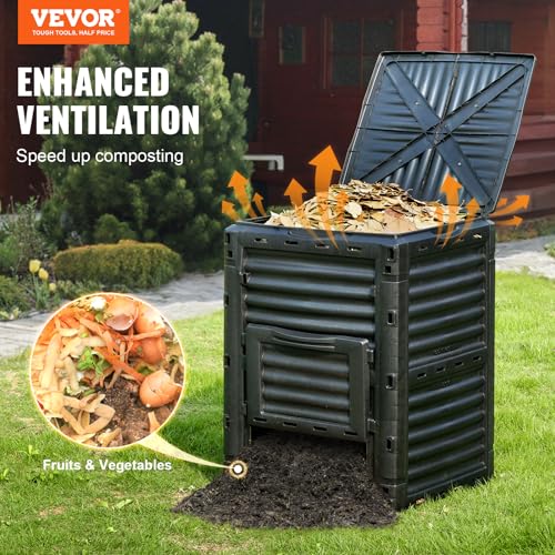 Outdoor compost bin with lid open
