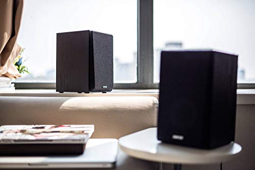 Edifier R980T speakers on a desk setup