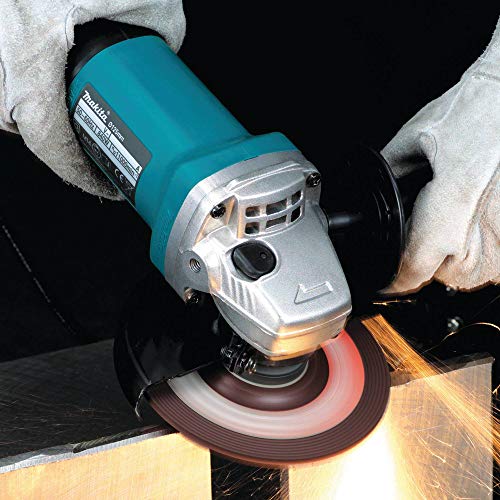 Side profile view of blue Makita angle grinder
