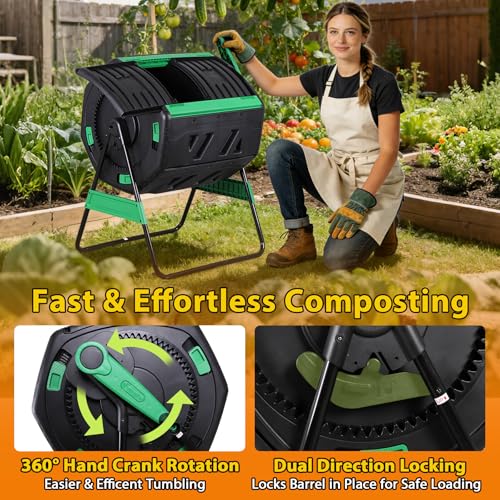Side view of F2C compost tumbler with hand crank