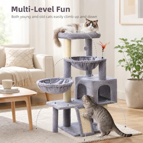 Sturdy tiered platforms on grey cat tree