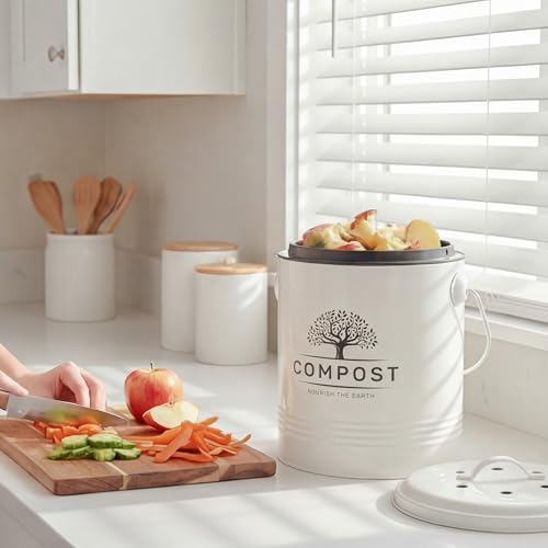 Compost bin with charcoal filter inside lid