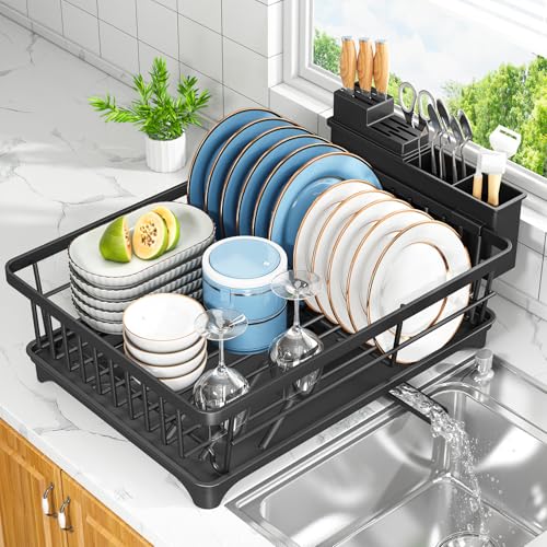 Kmiectse Dish Drying Rack for Small Kitchen Counter with Utensil Holder Model B Black main view