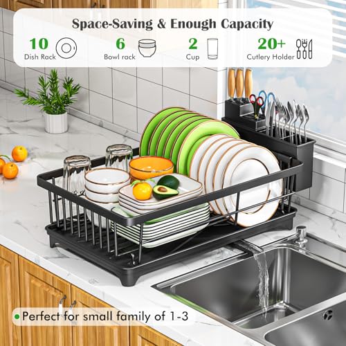 Kmiectse Dish Drying Rack for Small Kitchen Counter with Utensil Holder Model B Black with utensils