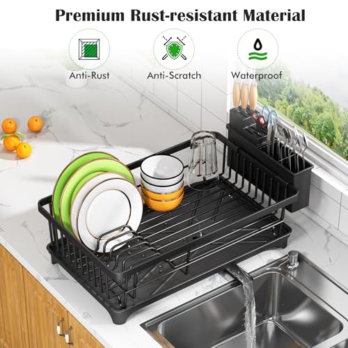 Kmiectse Dish Drying Rack for Small Kitchen Counter with Utensil Holder Model B Black rust-resistant metal