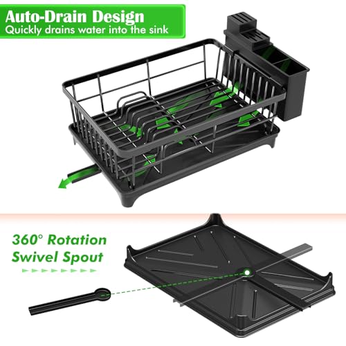 Kmiectse Dish Drying Rack for Small Kitchen Counter with Utensil Holder Model B Black side angle