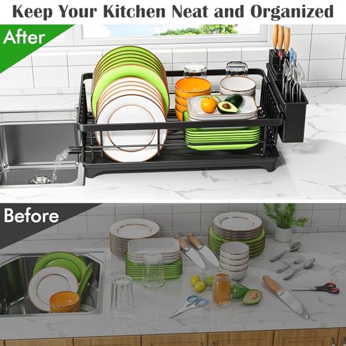 Kmiectse Dish Drying Rack for Small Kitchen Counter with Utensil Holder Model B Black tray detail