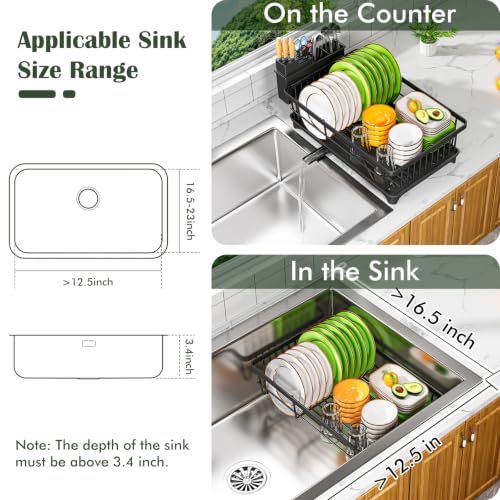 Kmiectse Dish Drying Rack for Small Kitchen Counter with Utensil Holder Model B Black in kitchen setup