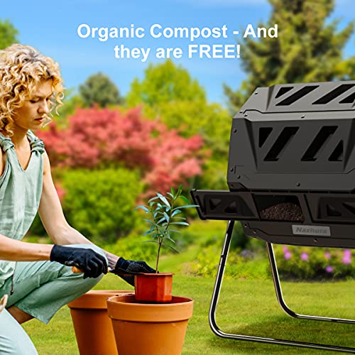 Black outdoor compost bin set up in a garden