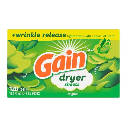 Gain dryer sheets 120 count box showing wrinkle release label
