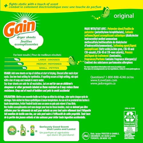 Back of Gain dryer sheets box detailing usage