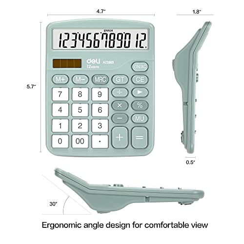 Front view of green Deli E8 calculator with LCD screen