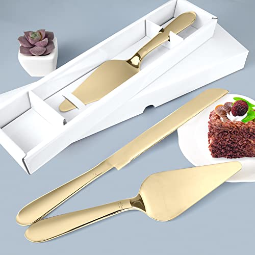 Gold cake knife serving a slice of cake