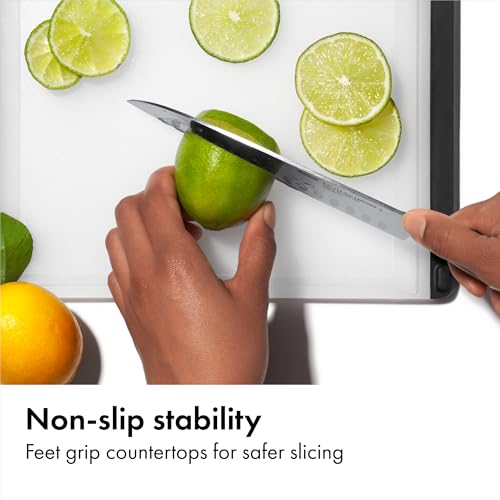 Close up of the drip-catcher edge on OXO cutting boards