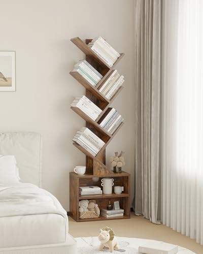 SUNMORY 6 Tier Tree Bookshelf organized with books