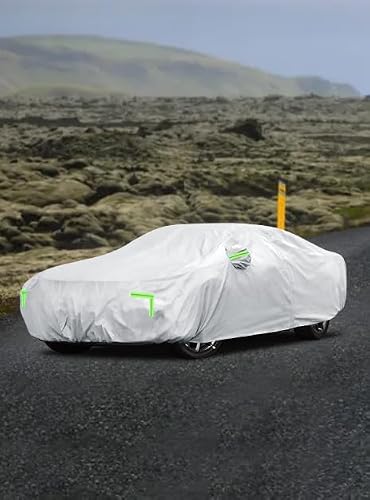 Weatherproof car cover showing windproof straps
