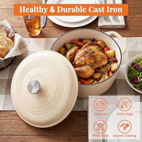 Beige cast iron dutch oven pot side view