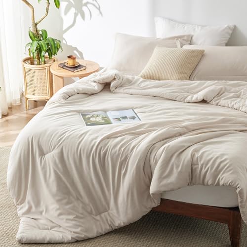 Bedsure Queen Size Beige Cationic Dyed Comforter Set full view