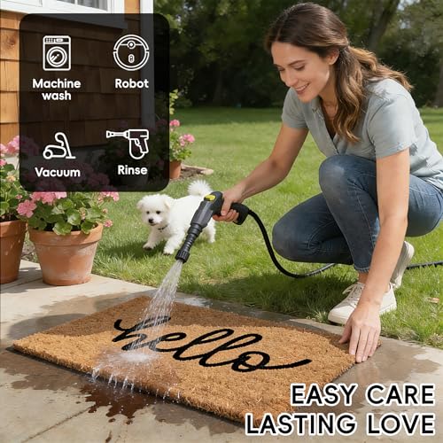 Farmhouse style porch decor with layered mats