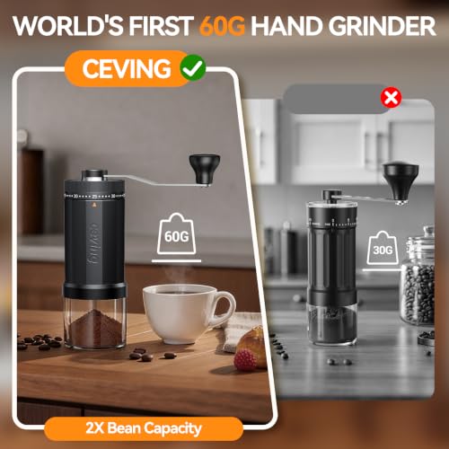 CEVING manual coffee grinder showing stainless steel burr