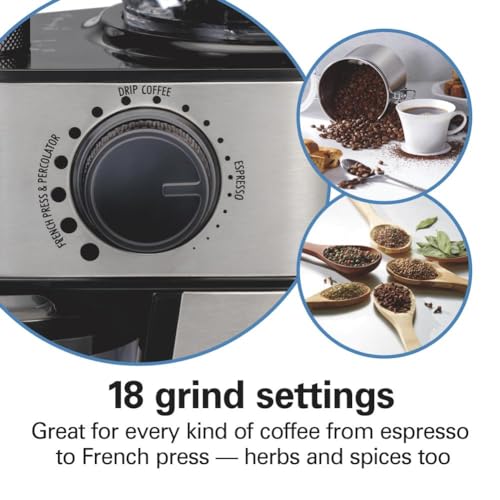 Side profile of Hamilton Beach burr coffee grinder