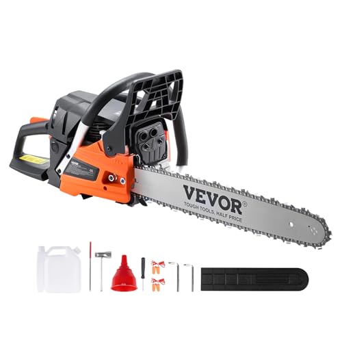 VEVOR chainsaw resting on wooden surface
