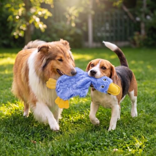 Large blue crinkle duck dog toy side view