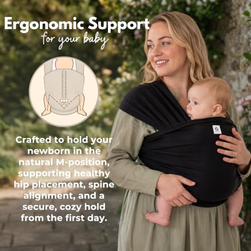 ELDOMA Black Baby Wrap worn on parent