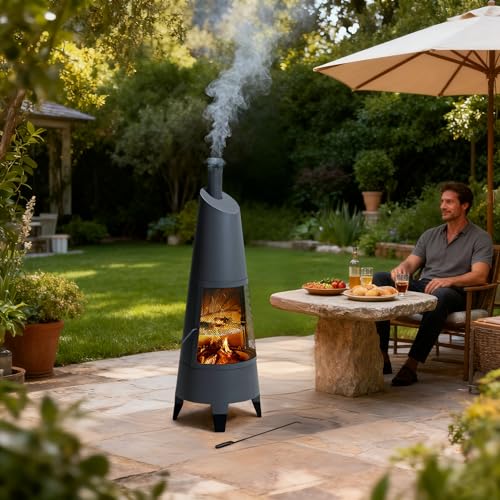 Side profile of gray steel chiminea