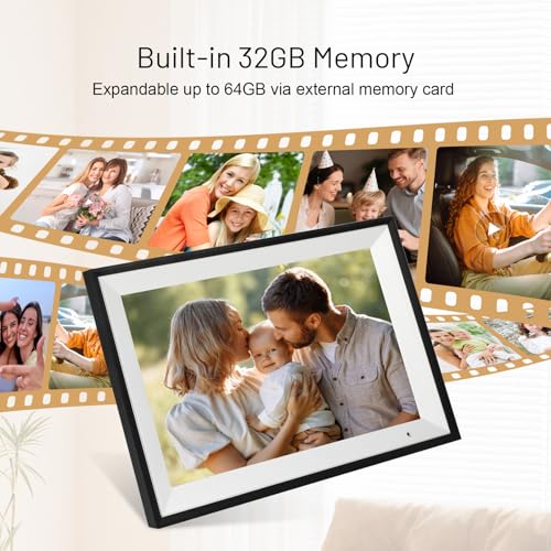 Black digital photo frame on a wooden side table