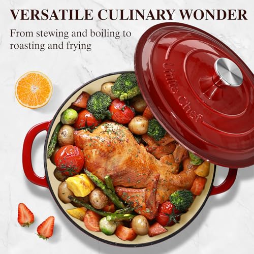 Side profile of red 5QT cast iron pot