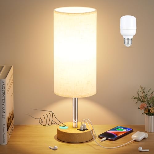 Dicoool 14-inch Cream & Wooden Touch Bedside Lamp