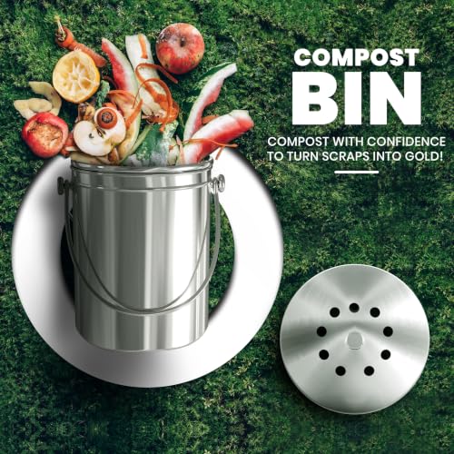 Silver stainless steel kitchen compost pail