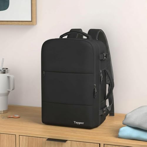 Taygeer 100100BLK travel backpack side profile with pockets
