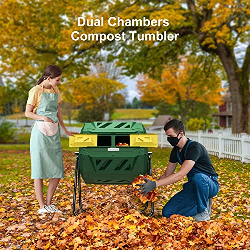 Green rotating compost bin side view