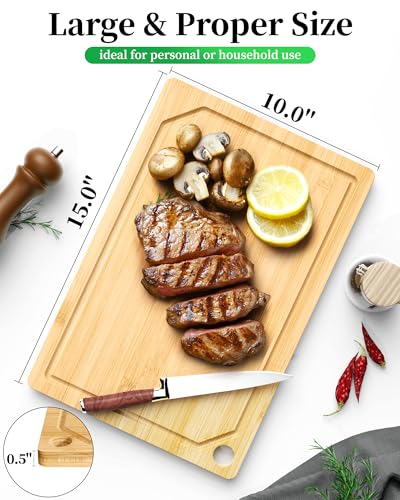 Close up of Kitsure bamboo cutting board juice groove