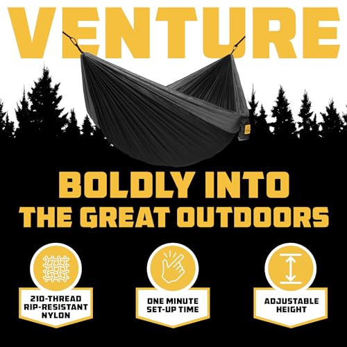 Camping hammock folded inside its built-in stuff sack