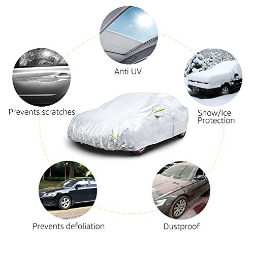 Elastic front and rear trim on silver sedan cover