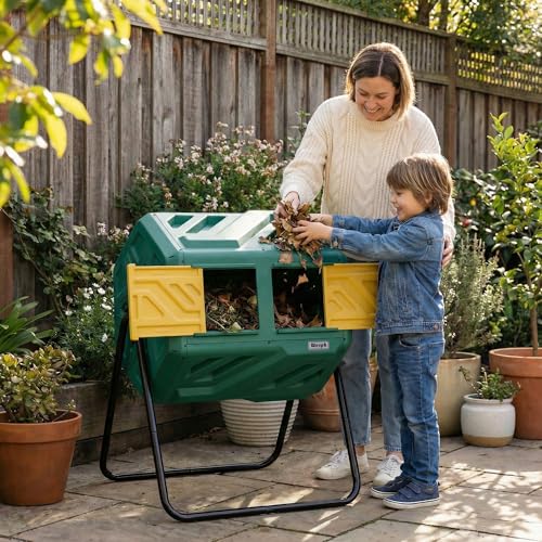 Green outdoor tumbling composter side view